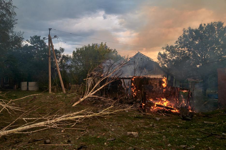 Burning house in Sloviansk, Ukraine after a Russian airstrike.