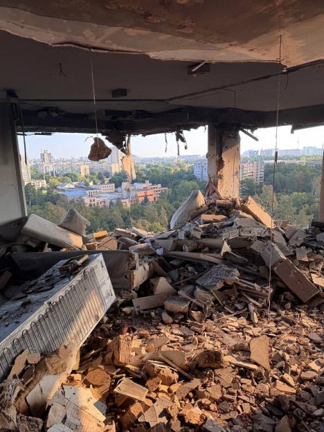Bomb-damaged Kyiv apartment interior.