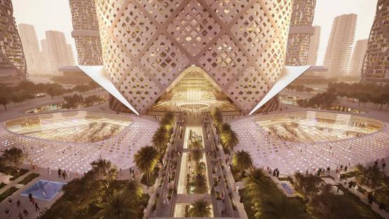 Illustration of the North Pole megaproject in Riyadh, Saudi Arabia, featuring the Rise Tower and surrounding plaza.