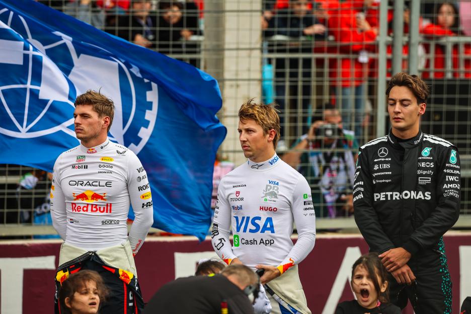 Max Verstappen, Liam Lawson, and George Russell during the F1 Grand Prix of Azerbaijan.