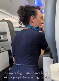 Flight attendant helping honeymooners collect marriage advice from fellow passengers.