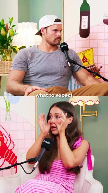 Two people on a podcast; one man speaking calmly, one woman crying.