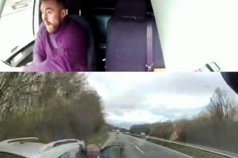 Shocking moment speeding van driver distracted by phone slams into broken-down car leaving victim with lifelong injuries
