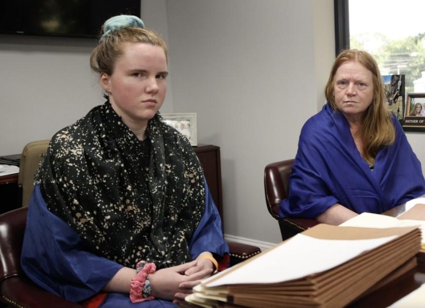 Central Islip, N.Y.: Asa Ellerup, 59, right, estranged wife of alleged serial killer Rex A. Heuermann, is joined with her daughter Victoria Heuermann, as they sit in the office of their attorney Robert Macedonio in Central Islip, New York on July 31, 2023. (Photo by James Carbone/Newsday RM via Getty Images)