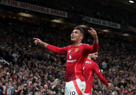 Manchester United's Casemiro celebrates scoring a goal.