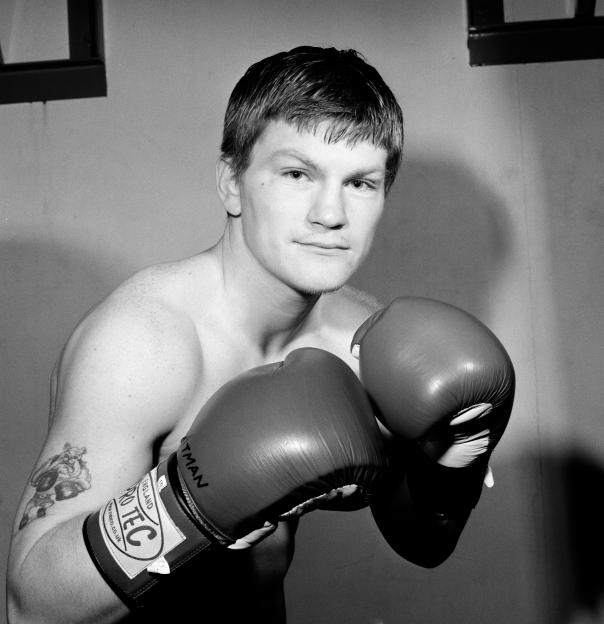 Black and white photo of Ricky Hatton, a British light heavyweight boxer.