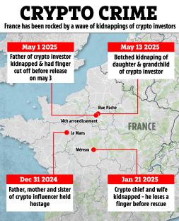 Map of France showing locations of crypto investor kidnappings.