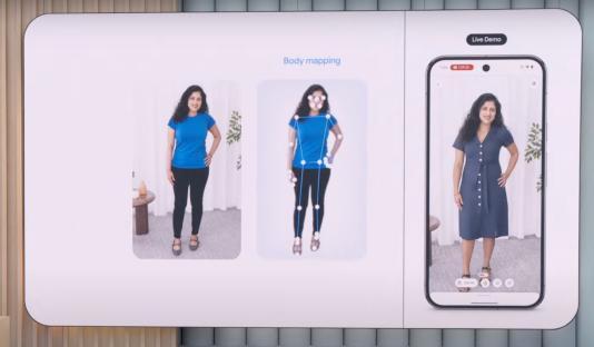Screenshot of Google I/O '25 keynote showing body mapping technology.