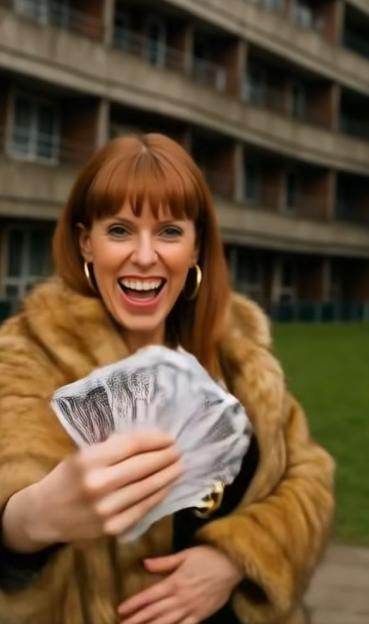 Angela Rayner in a fur coat, holding up a fan of cash and smiling.