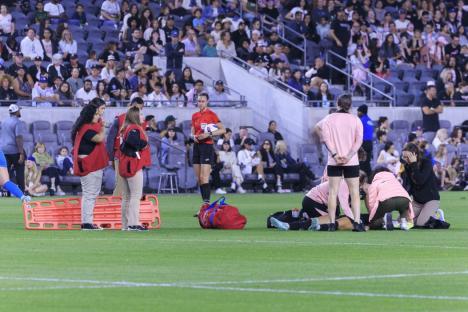 Mandatory Credit: Photo by Ariana Ruiz/PI via ZUMA Press Wire/Shutterstock (15292725f) Paramedics are on standby after Savy King #3 of the Angel City suffers an injury during their regular season NWSL game against the Utah Royals on Friday May 9, 2025 at the BMO Stadium in Los Angeles, California. ACFC defeats Royals, 2-0. ARIANA RUIZ/PI ACFC Defeats Utah Royals, 2-0, Los Angeles, California, USA - 09 May 2025
