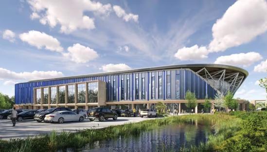 Rendering of a new arena with blue and beige exterior.