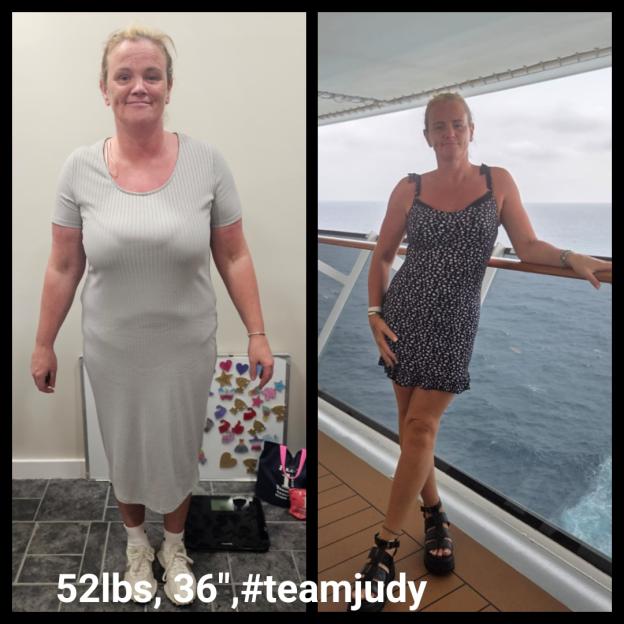 Before and after weight loss photos; 52 lbs, 36". #teamjudy