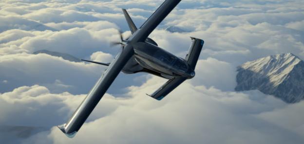 Illustration of the Cavorite X7 aircraft in flight above the clouds.
