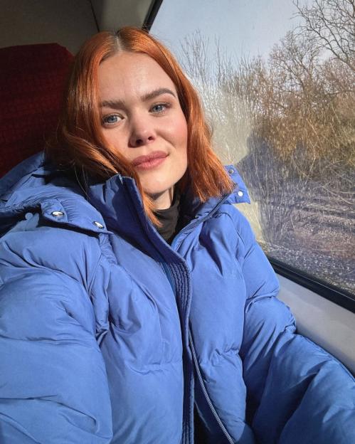 Lindsey Russell, The One Show star, in a blue puffer jacket.