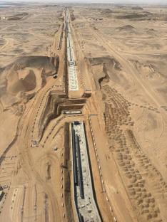 Aerial view of NEOM infrastructure projects under construction.
