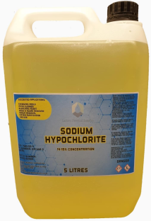 Five-liter container of 14-15% sodium hypochlorite.