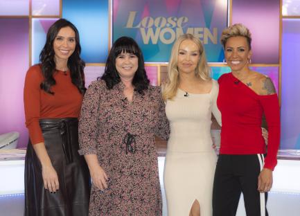 Christine Lampard, Coleen Nolan, Katie Piper, and Kelly Holmes on the set of the Loose Women TV show.