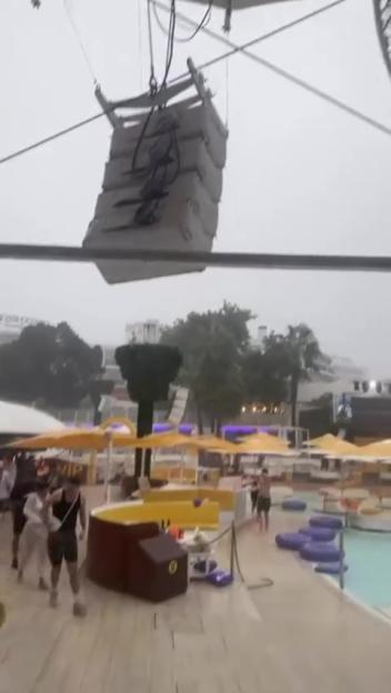 O Beach Club in Ibiza closing early due to a storm.