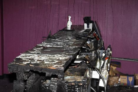 Fire-damaged bar counter.