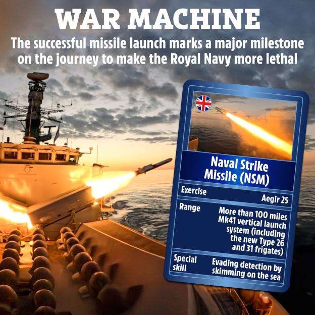 A graphic shows a naval ship launching a missile at sunset, with a "Naval Strike Missile (NSM)" card overlaying the image, detailing its specs and special skill.
