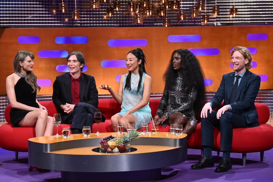 Taylor Swift, Cillian Murphy, Greta Lee, Jodie Turner-Smith, Domhnall Gleeson, and Lewis Capaldi on the Graham Norton Show.