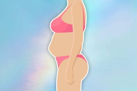 Illustration of a woman's body in a pink bikini, showing a paunch.
