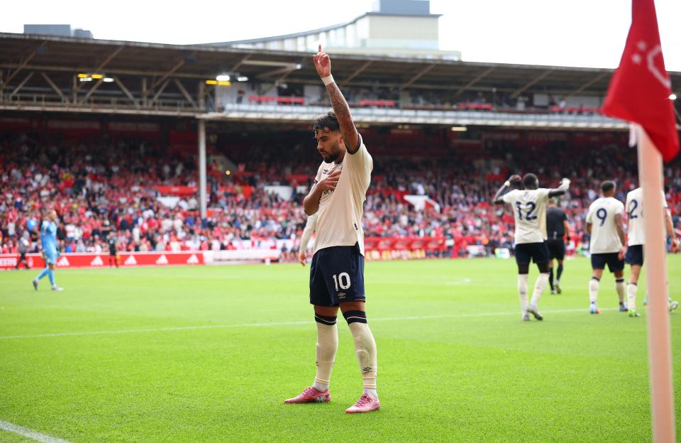 Lucas Paqueta of West Ham United celebrates scoring a goal.