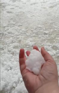 Hailstones covering the ground, with a hand holding some.