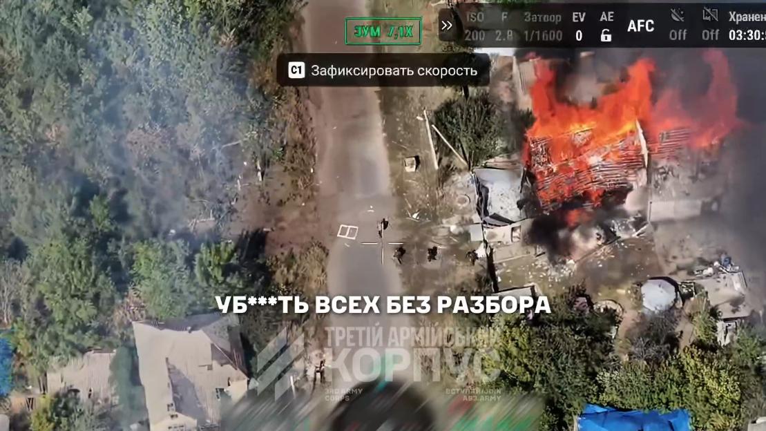 Drone footage showing Russian troops abducting a girl from a burning village in eastern Ukraine.