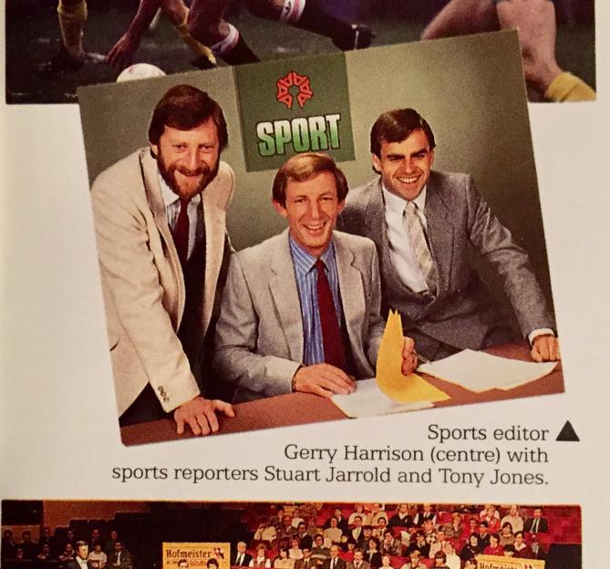 Photo of Gerry Harrison with sports reporters Stuart Jarrold and Tony Jones.