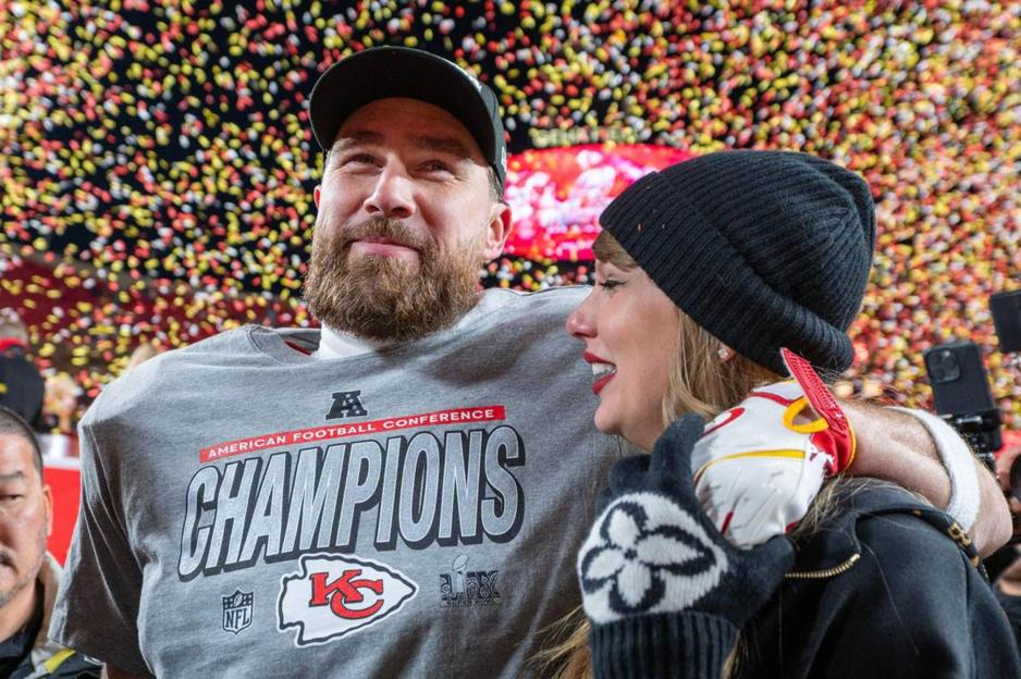 Travis Kelce and Taylor Swift celebrating the Kansas City Chiefs' AFC Championship victory.