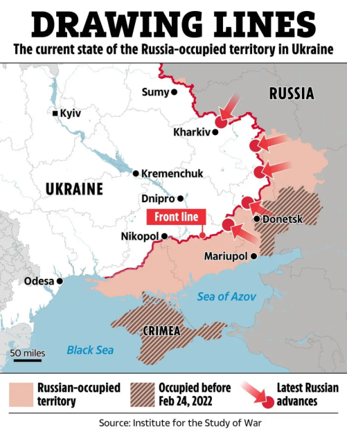 Map showing Russian advances in Ukraine.