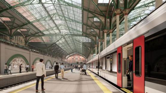 Illustration of proposed renovations to Liverpool Street Station, showing a modern train at the platform.