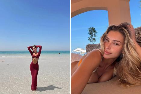 Zara McDermott looks incredible as she strips off to plunging dress on the beach in Abu Dhabi