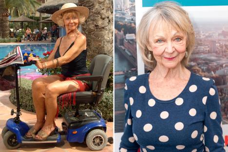Sheila Reid, then and now. One image shows her on a mobility scooter by a pool; the other is a portrait.