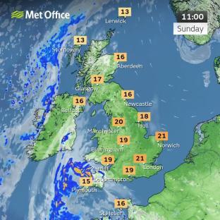 UK weather map showing Sunday's forecast with temperatures.