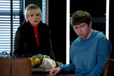 Still from EastEnders episode 7125, showing Nicola (Laura Doddinton) and Barney Mitchell (Lewis Bridgeman).