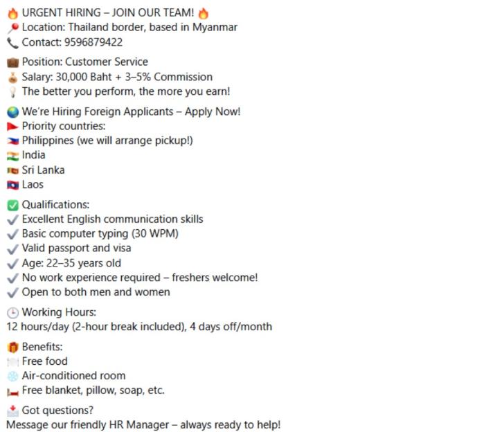 Recruitment advertisement for a customer service position in Myanmar near the Thailand border, targeting foreign applicants from the Philippines, India, Sri Lanka, and Laos.