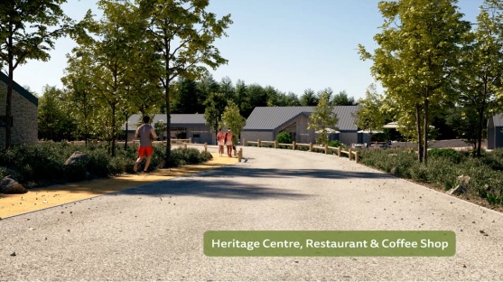 Illustration of a proposed Scottish village with a heritage centre, restaurant, and coffee shop.