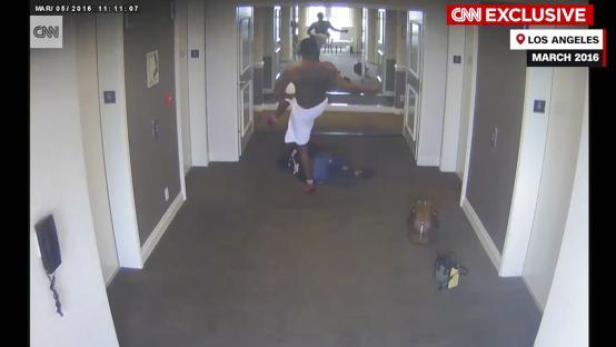 Security camera footage of a man assaulting a woman in a hotel hallway.