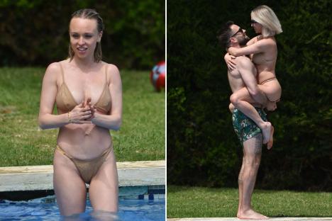 Jorgie Porter she strips to bikini and packs on PDA with fiancé Oliver on holiday four months after giving birth