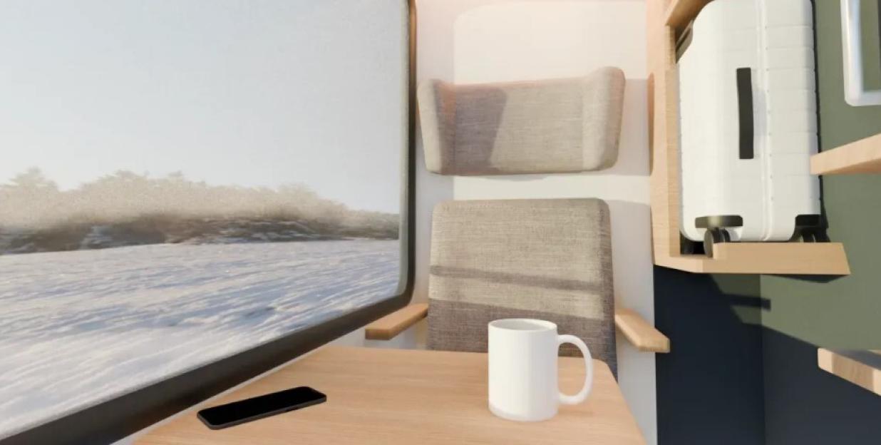 Illustration of a private train room with a window view, a small table, a mug, a phone, and overhead luggage storage.