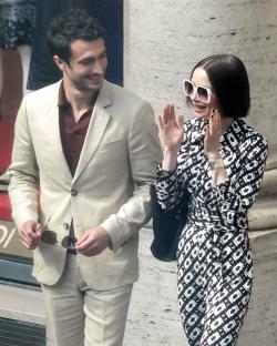 Lily Collins and Eugenio Franceschini on the set of Emily in Paris in Rome.