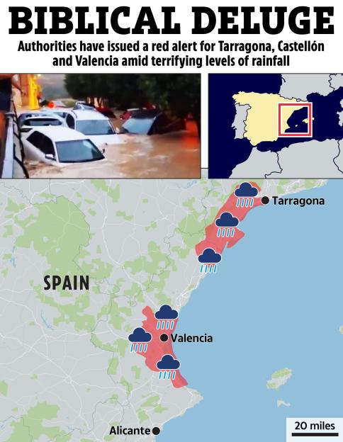 Collage of flooded cars, a map of Spain highlighting the Valencian Community, and a detailed map showing heavy rainfall warnings along the eastern Spanish coast.