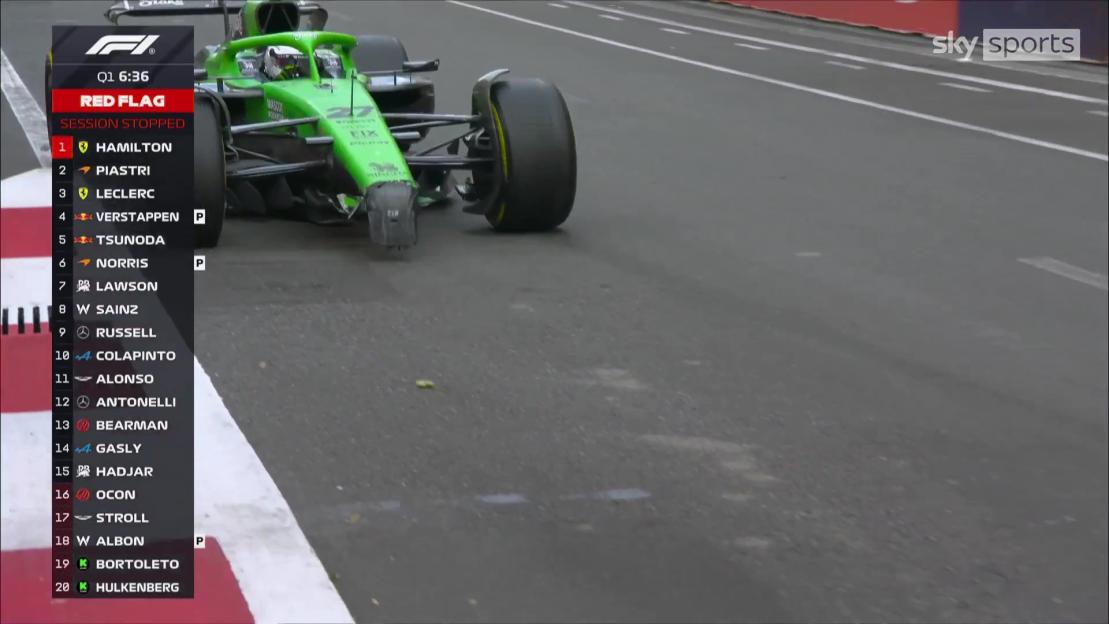 A green Formula 1 car is visible on the track, with a red flag graphic and leader board on the left side of the screen, showing "SESSION STOPPED" and current driver rankings.