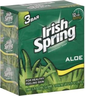 Three bars of Irish Spring Aloe deodorant soap.