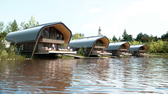 Illustration of four proposed overwater cabins on a lake.