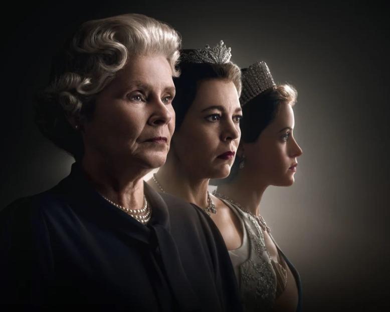 Imelda Staunton, Olivia Colman, and Claire Foy as Queen Elizabeth II in The Crown.