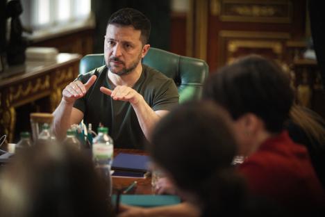 Volodymyr Zelensky speaking at a press conference.