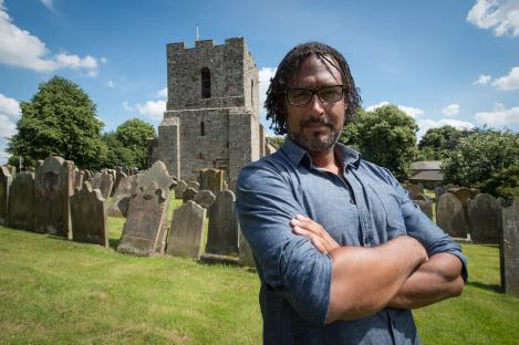 David Olusoga at St Michael’s Church, Burgh-by-Sands. A Roman Fort guarded by African troops once stood on this site. 